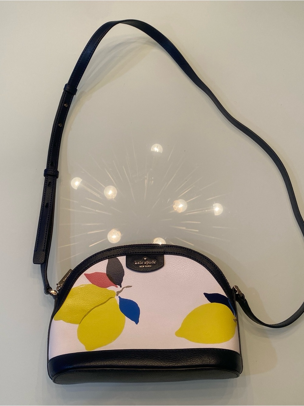 Kate Spade New York Lemon Print Navy Leather Dome Crossbody Bag